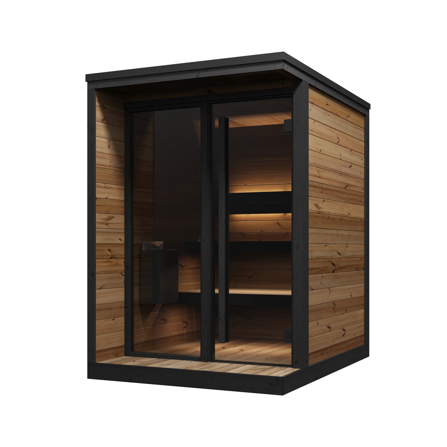 Hiki S outdoor sauna with glass doors.