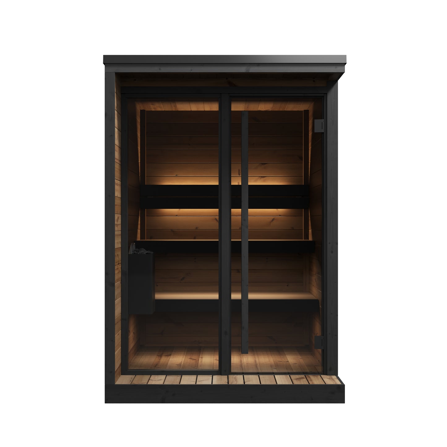 Hiki S outdoor sauna with illuminated shelves.