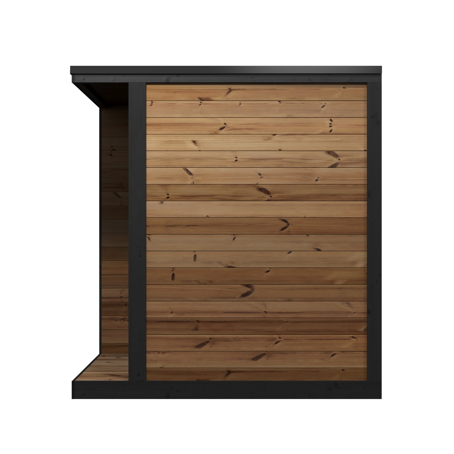 Hiki S outdoor sauna with wooden structure.
