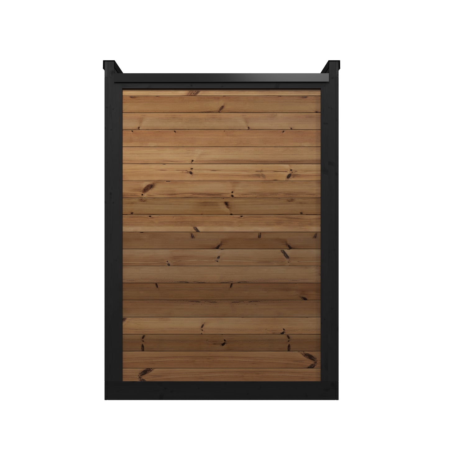 Hiki S outdoor sauna with wooden structure and black frame.