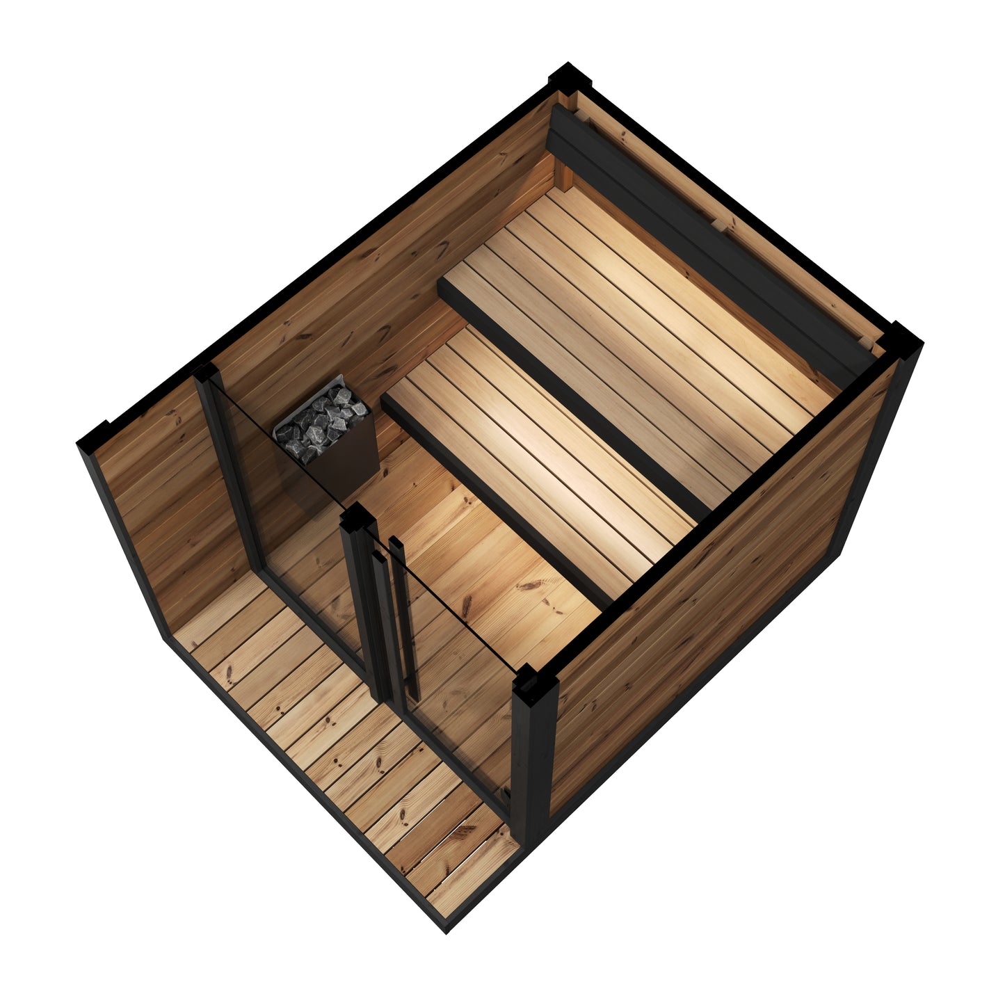 Hiki S outdoor sauna with tempered glass door.