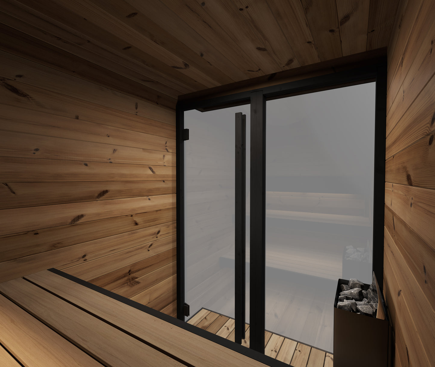 Hiki S outdoor sauna with glass door and window.