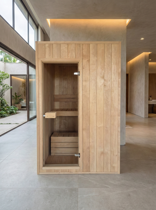 Aisti 150 indoor sauna in wood, minimalist design.