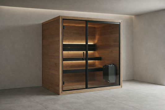 Aisti 220 indoor sauna with Finnish design and front glass.