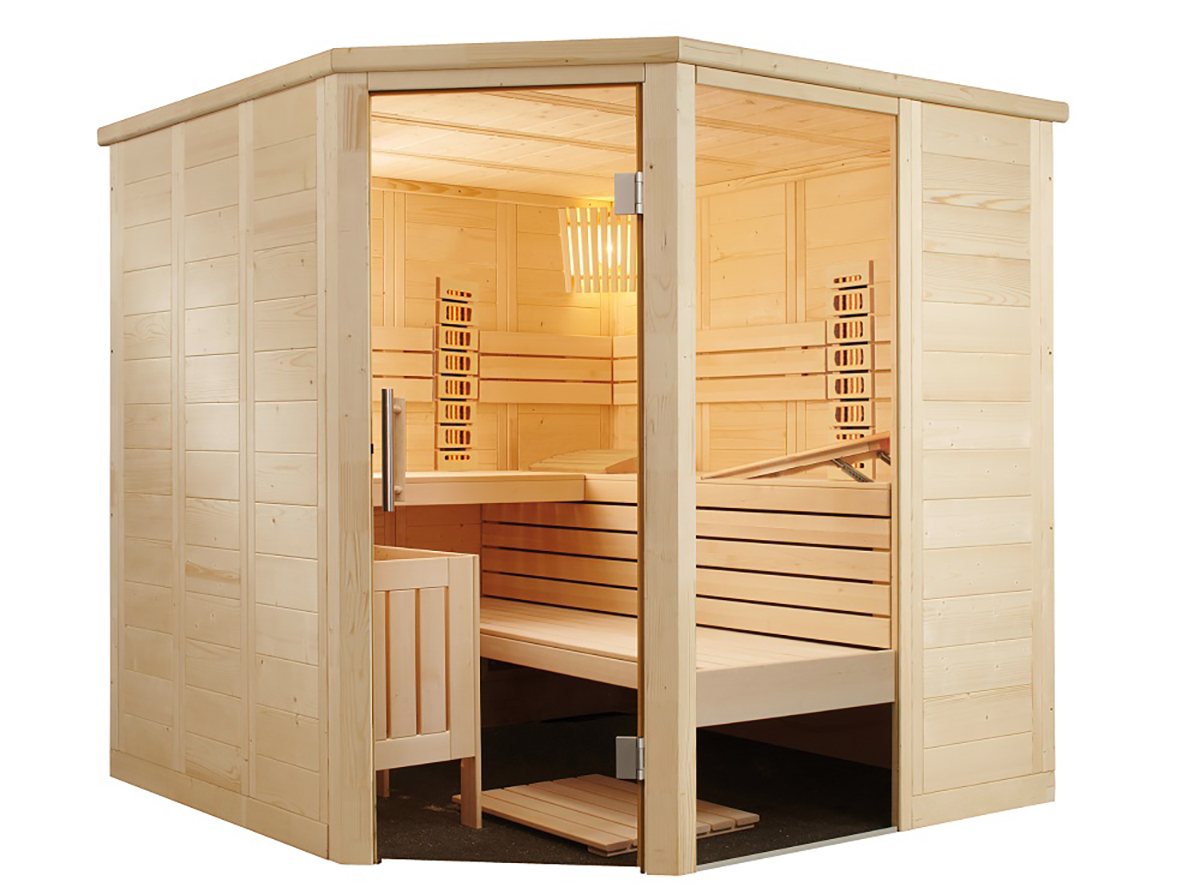 Sauna infrarouge d'angle Alaska avec porte en verre.