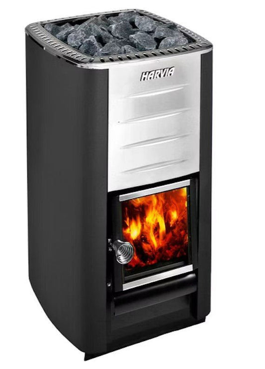 Calefactor de leña Harvia M3 con puerta de cristal.