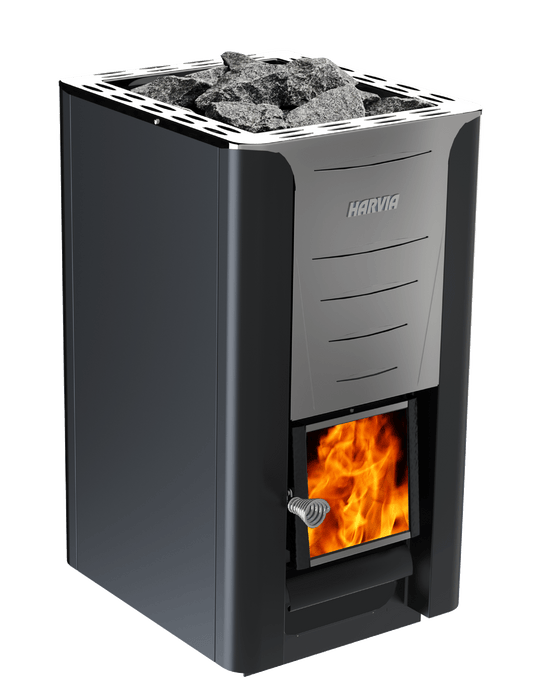 Calentador de leña Harvia Pro 26 con llamas visibles.
