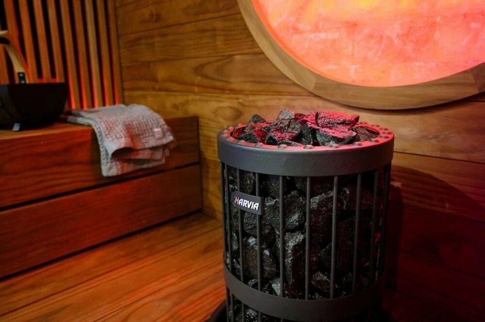 Harvia Legend electric heater with stone bucket.