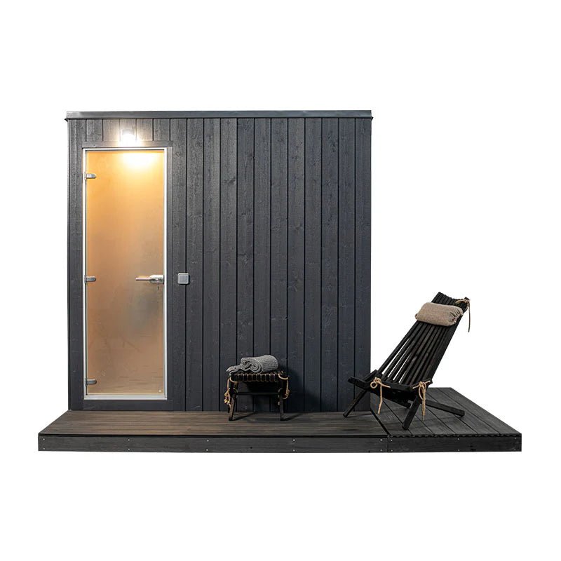 Mist outdoor Turkish bath on deck with glass door.