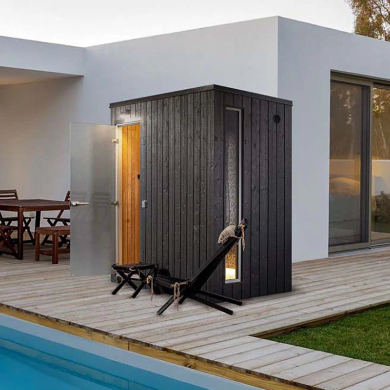 Mist outdoor Turkish bath next to a swimming pool.