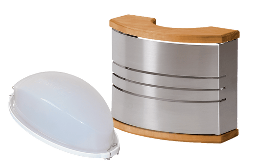 Harvia wall lamp in wood and stainless steel.