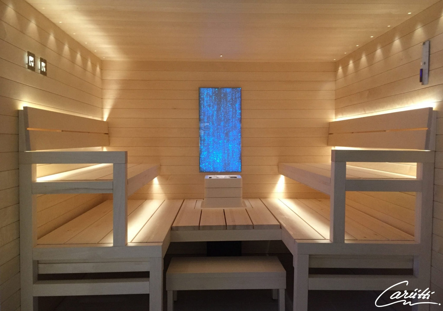 Cariitti Linear LED 2m sauna with wooden benches.