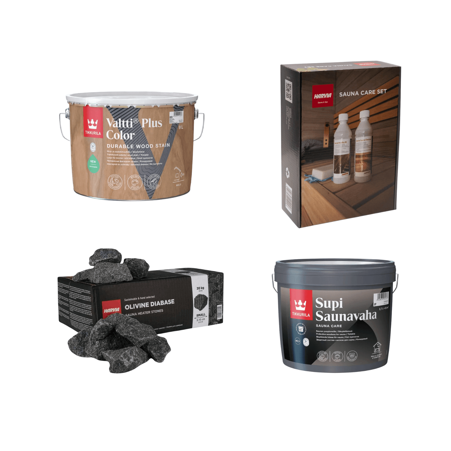 Complete maintenance package with buckets, boxes and sauna products.