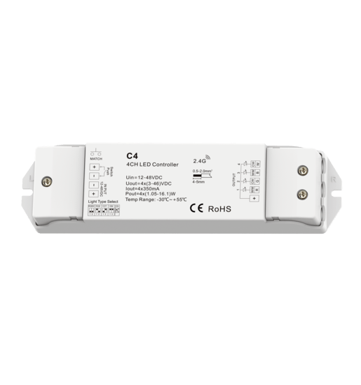 RGBW wireless driver for sauna lighting with black text.