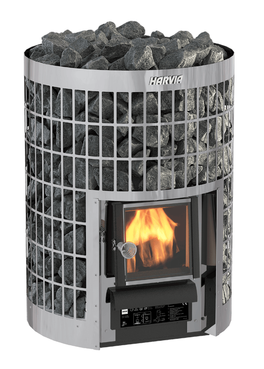 Calentador de leña de acero cilíndrico Harvia con piedras y fuego.