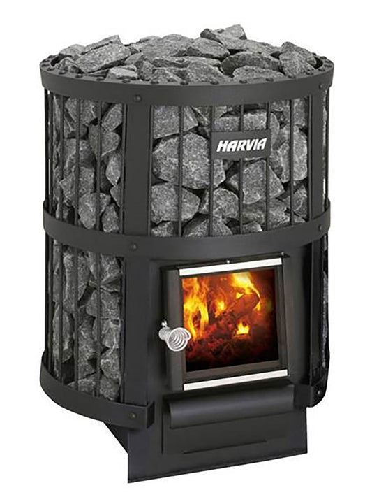 Calefactor Harvia Legend 150 con piedras y llamas visibles.
