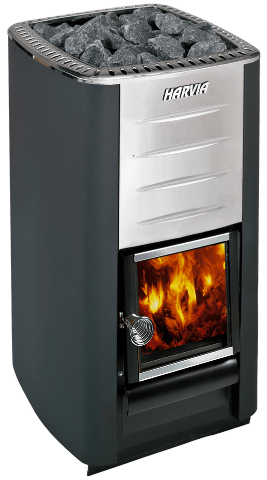 Harvia M3 SET: estufa de leña con cristal que muestra las llamas.