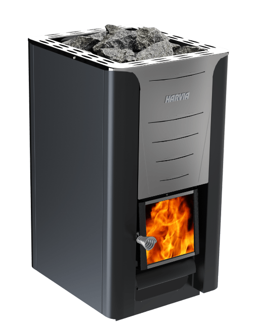 Harvia Pro 26 SET con llamas visibles en la puerta de cristal.