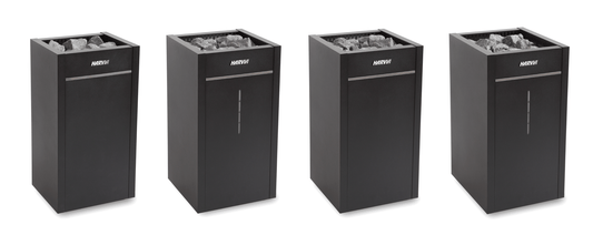 Calefactor eléctrico Harvia Virta Pro Combi con piedras en estuche negro.