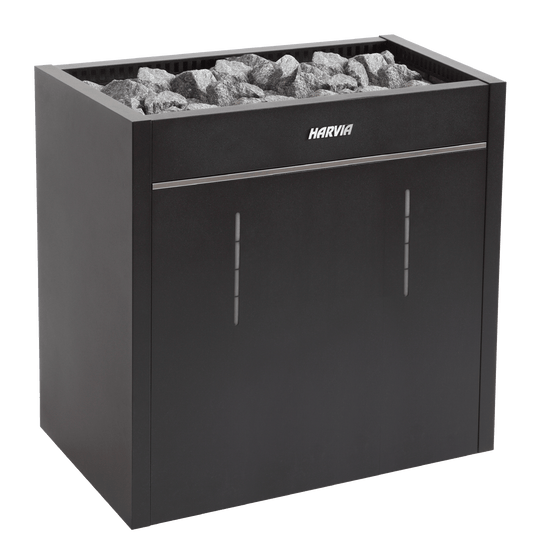Calentador Harvia Virta Pro con piedras visibles.