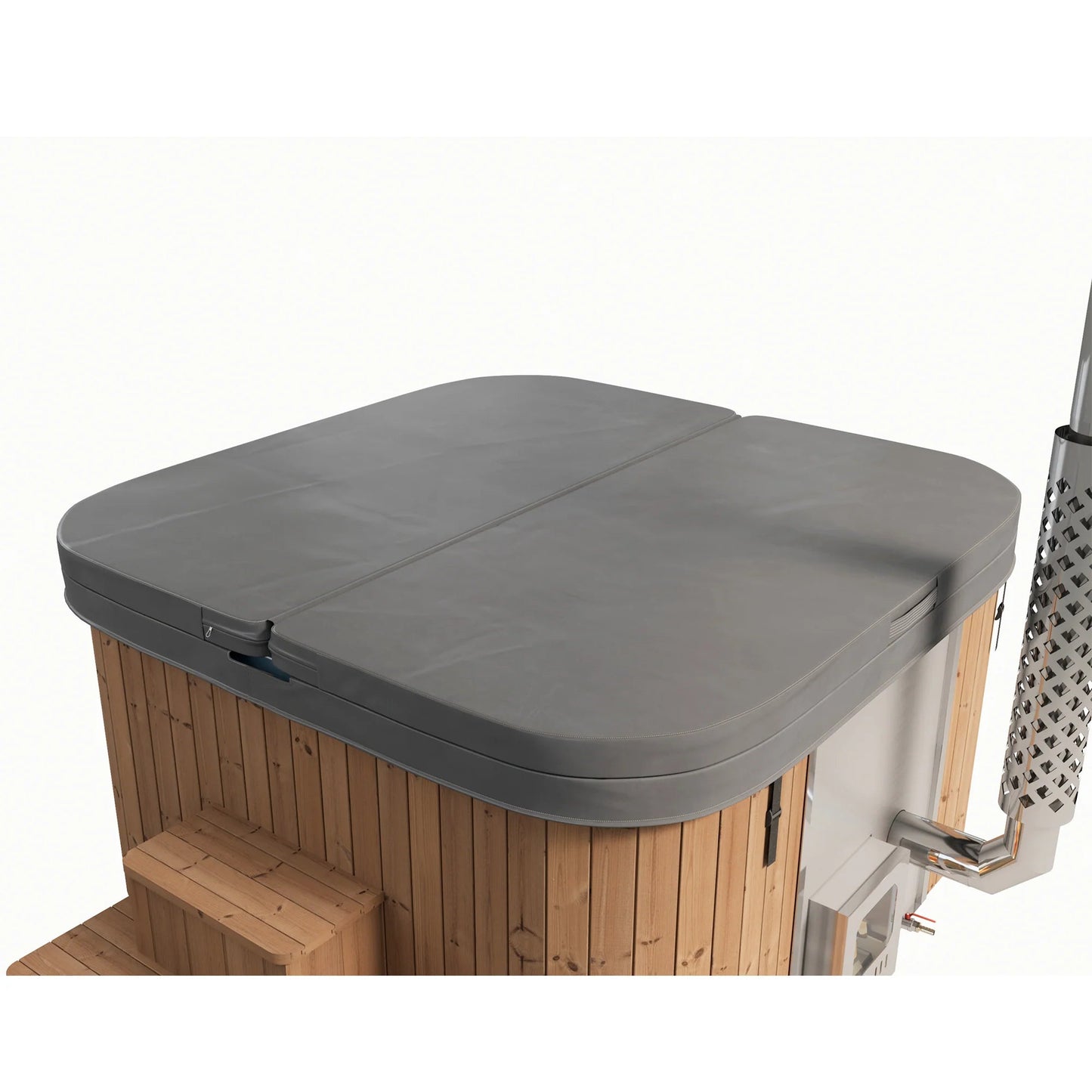 Jacuzzi Outdoor Calypso 200 with gray cover and square design.