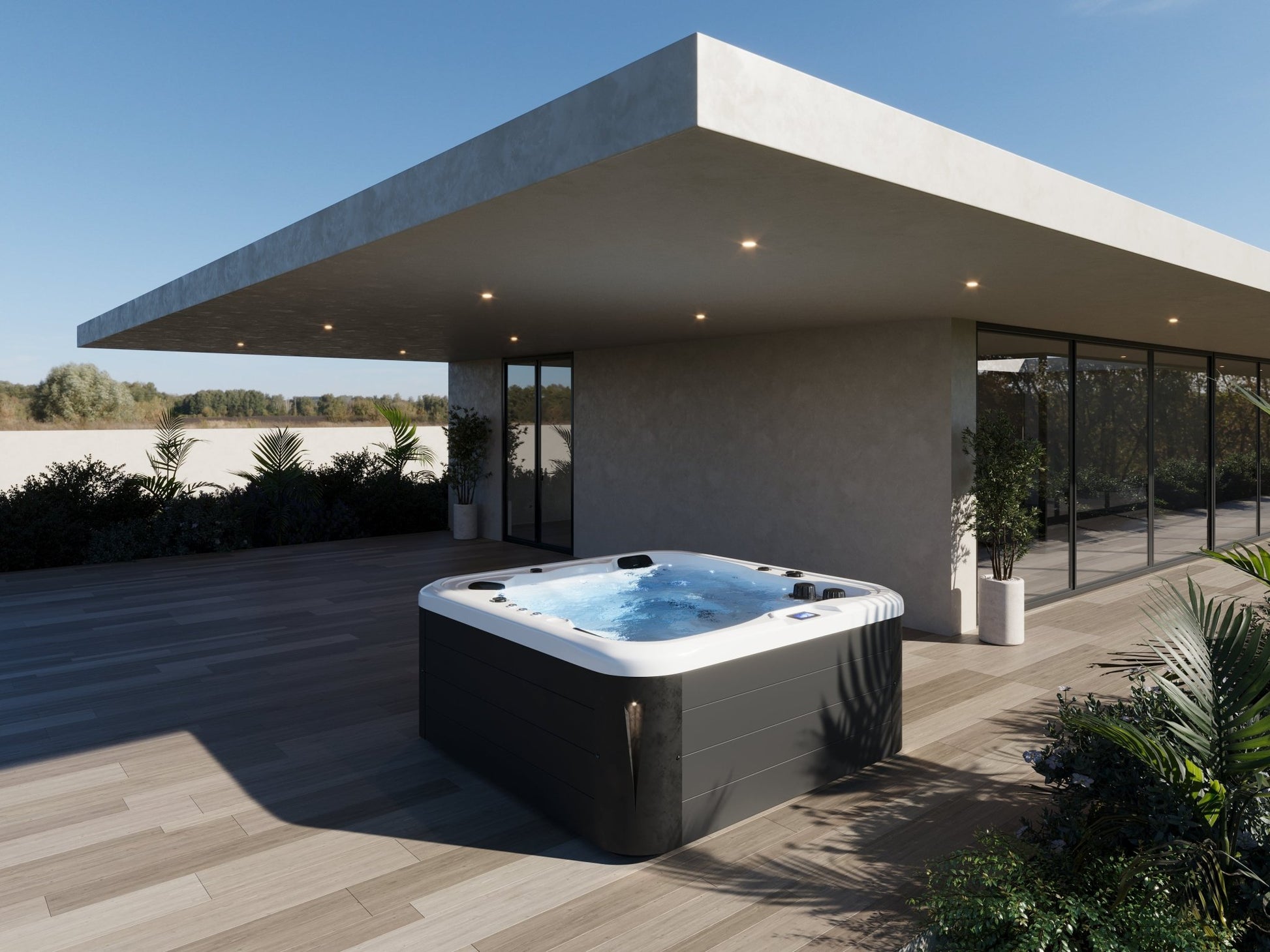 Double 520 outdoor Jacuzzi on a deck.
