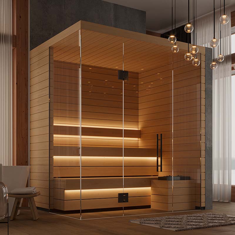 OTTO (Aspen) luxury modular sauna with glass doors.