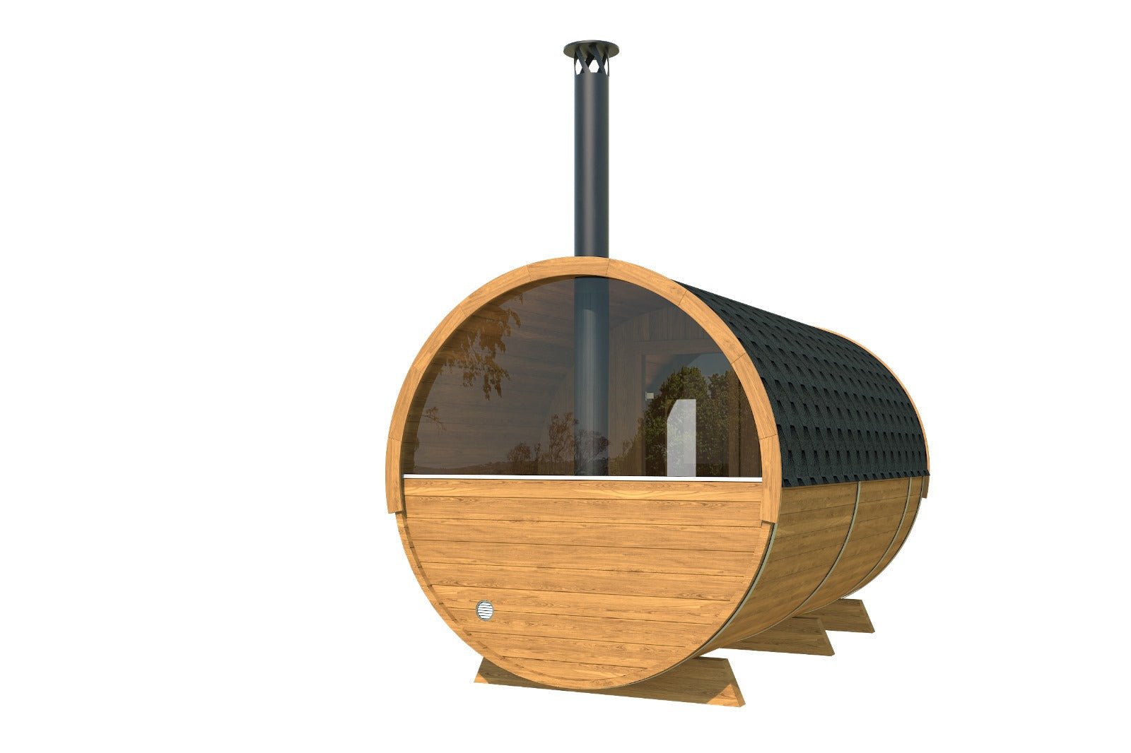 Half glass back wall in barrel sauna.