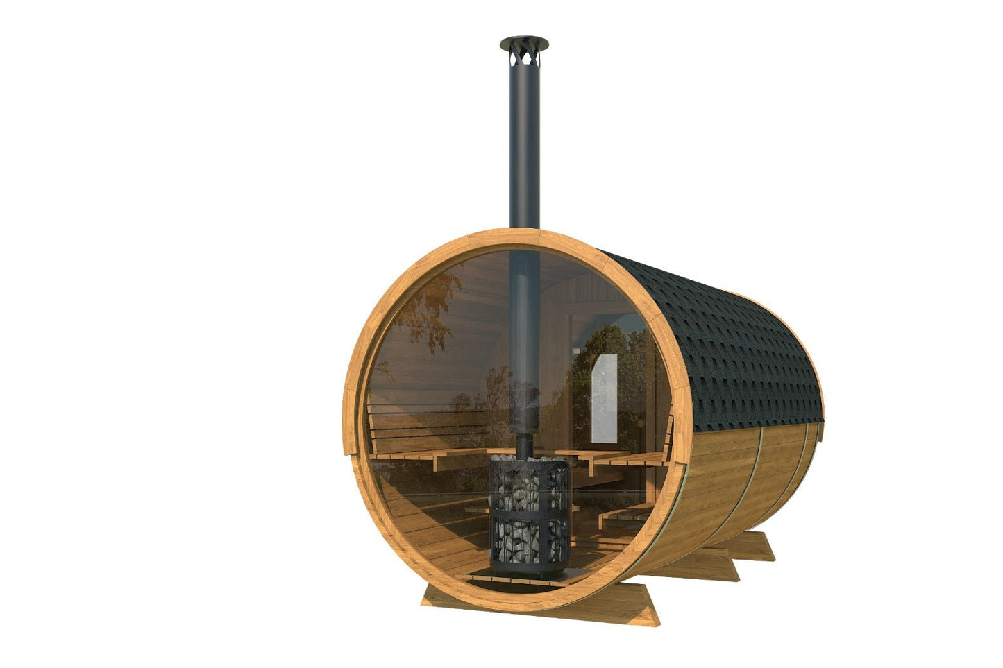 Fût en bois avec cheminée, paroi arrière entièrement vitrée.