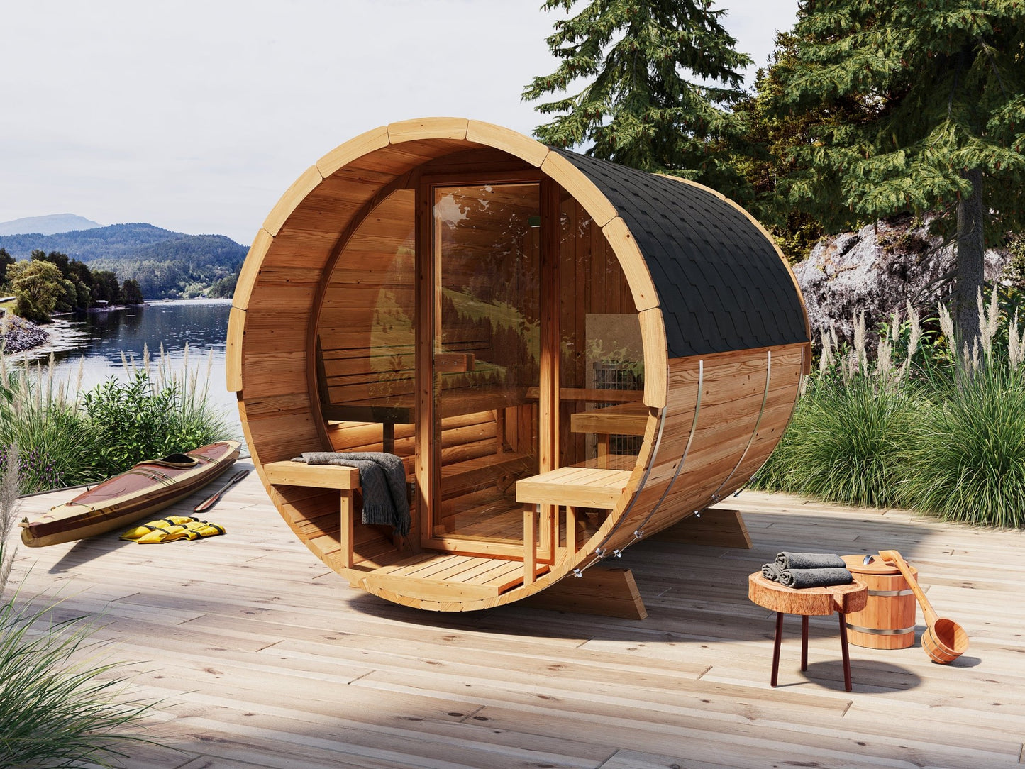 Sauna Barrel 280 Deluxe with lake view.