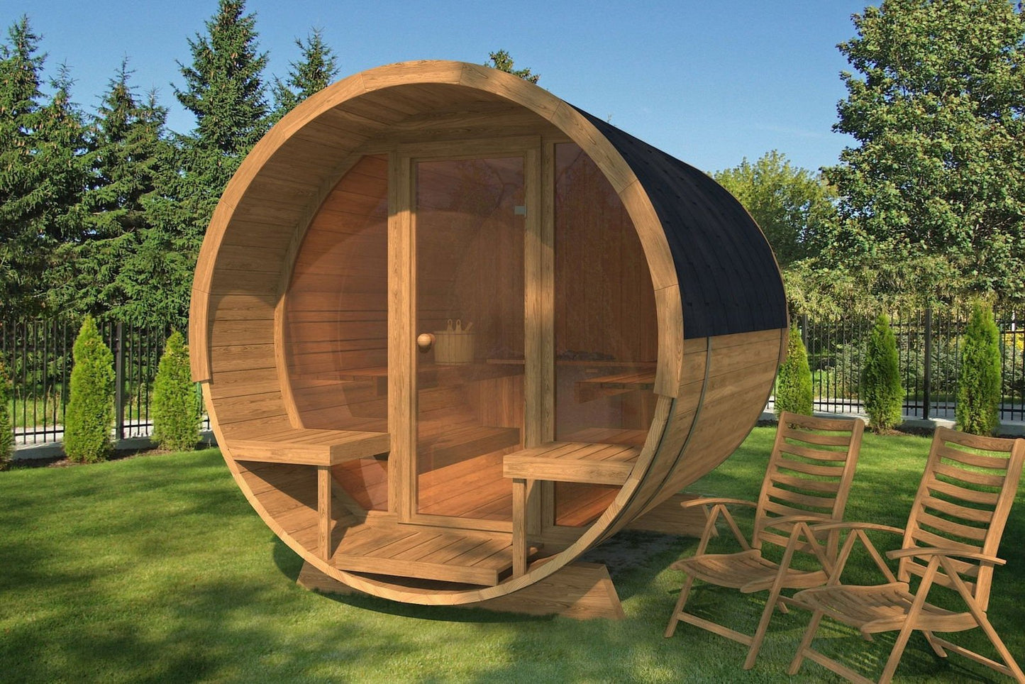 Sauna Barrel 280 Deluxe with glass door and terrace.