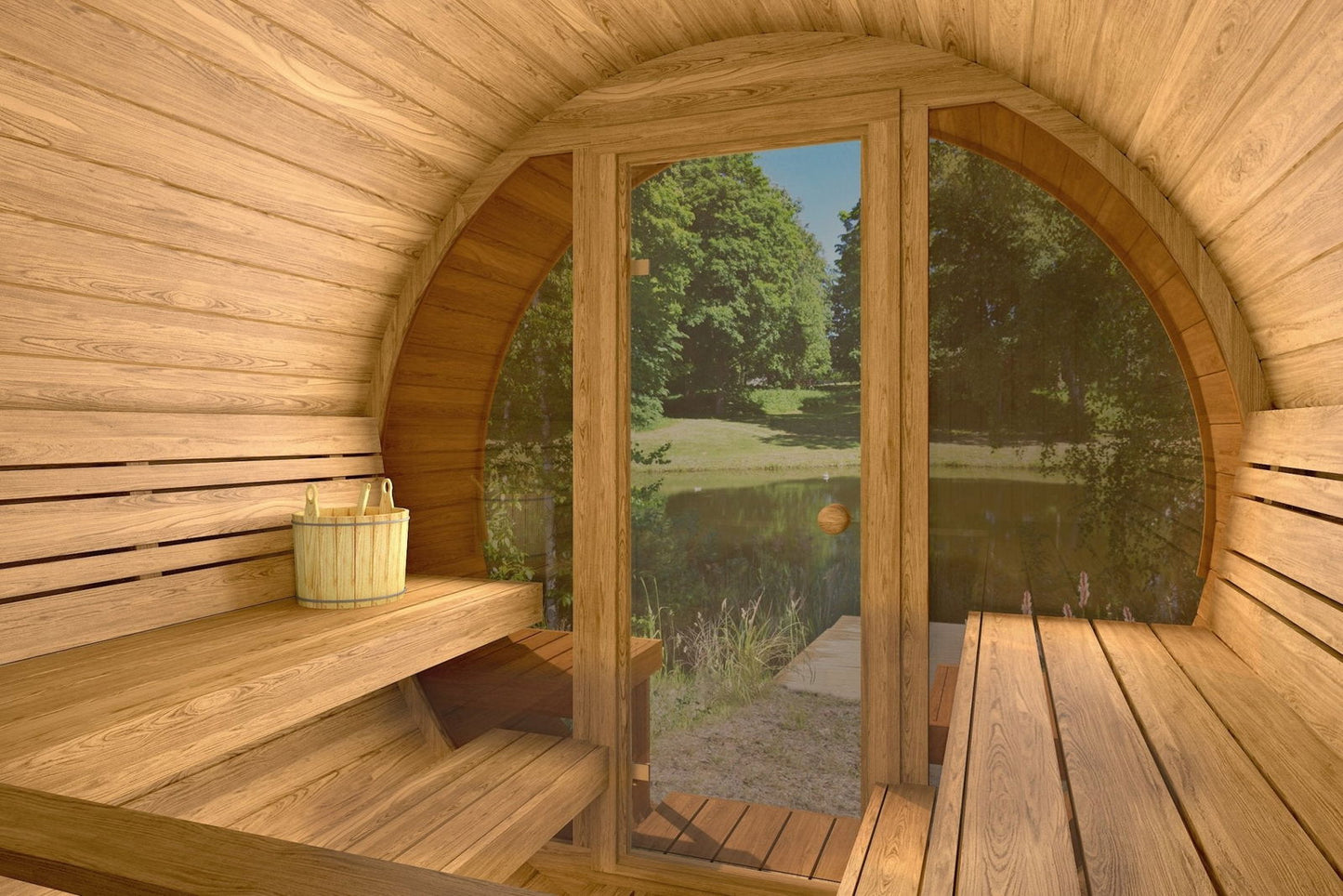 Sauna Barrel 280 Deluxe in wooden surroundings.