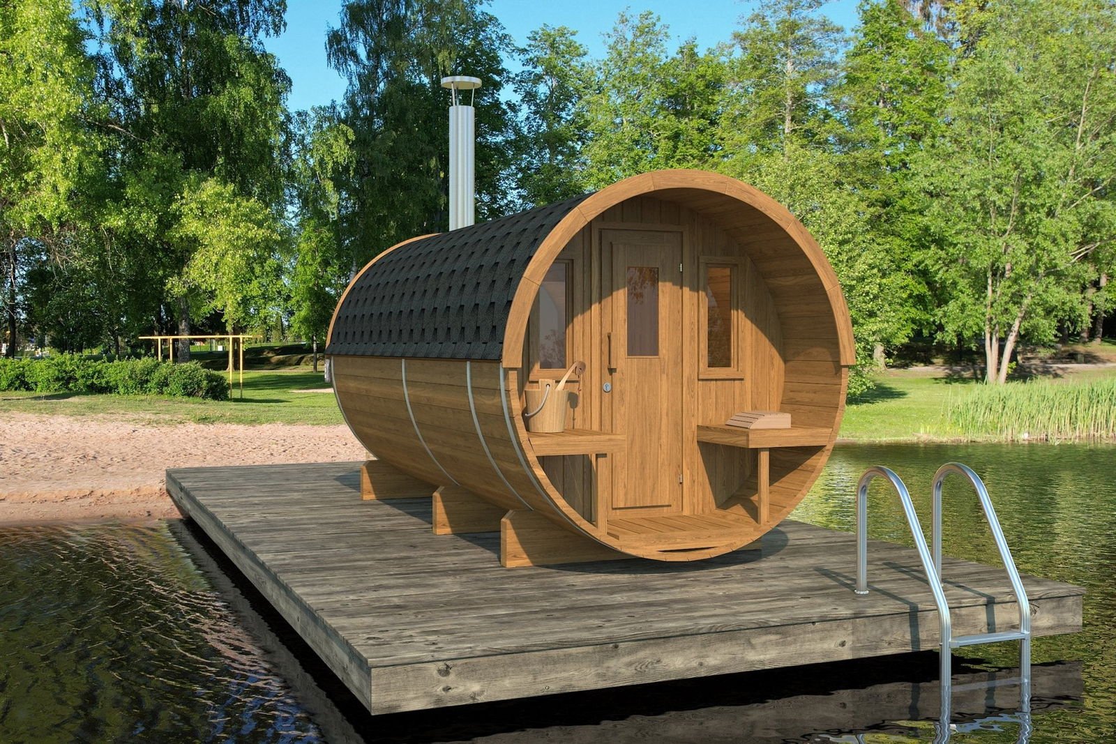 Barrel 400 sauna on wooden platform.