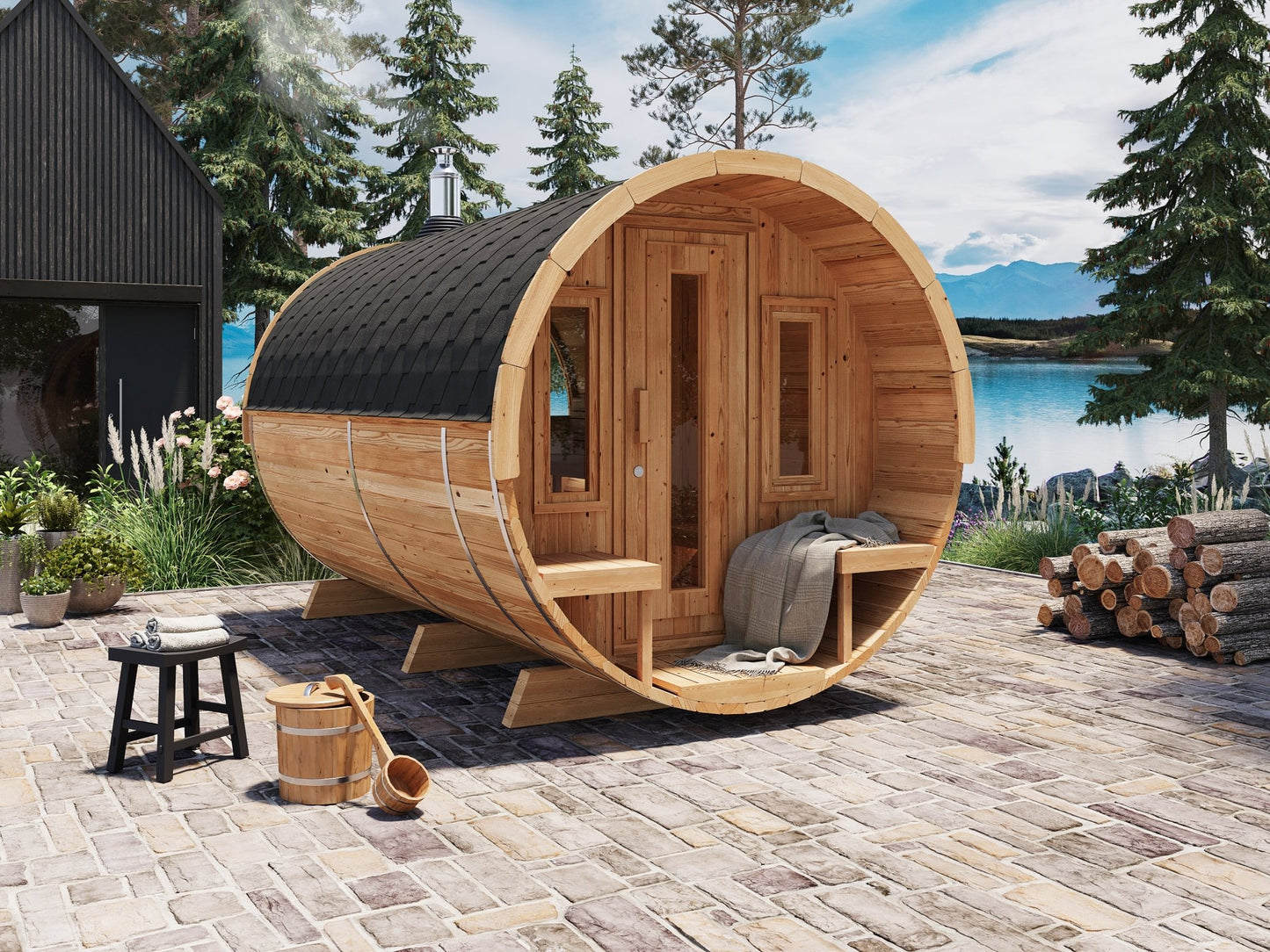 Sauna 400 en forme de tonneau.