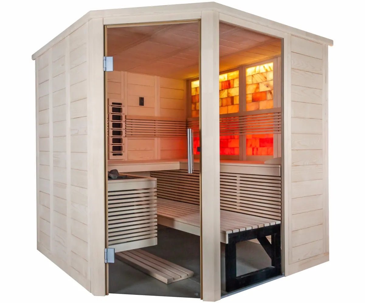 Himalaya Corner infrared sauna with glass door.