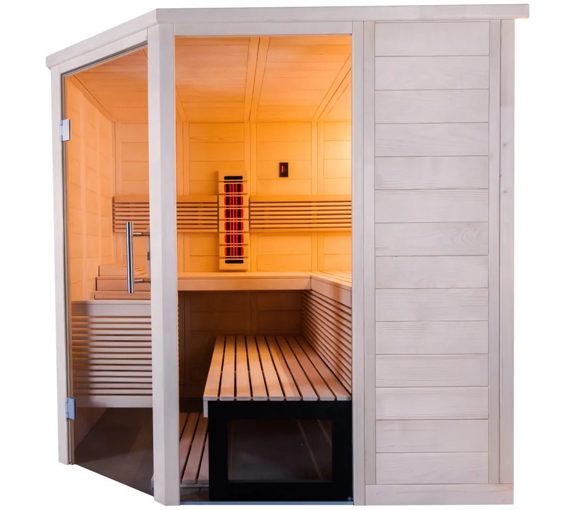 Himalaya Corner infrared sauna with benches and salt wall.
