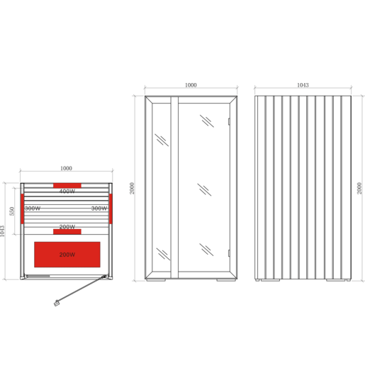 Sauna infrarouge Onni, dessin technique détaillé.