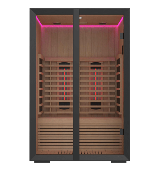 Sauna infrarouge Onni avec éclairage rouge.