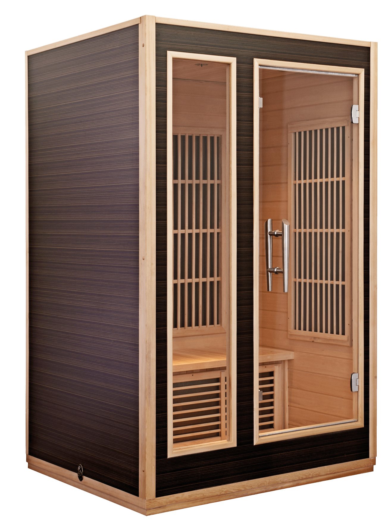 Radiant infrared sauna with glass doors.