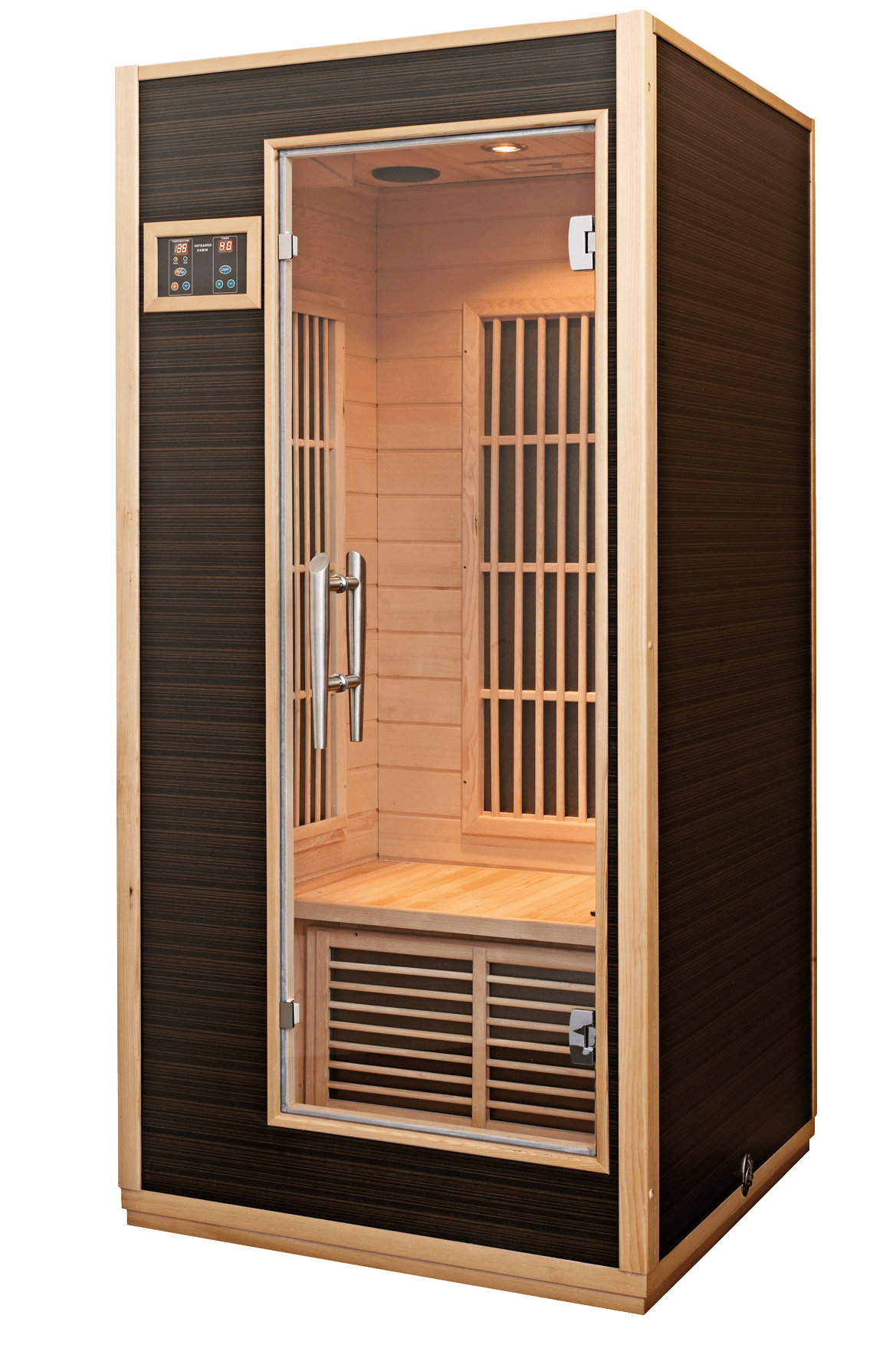Radiant infrared sauna with glass door and digital display.