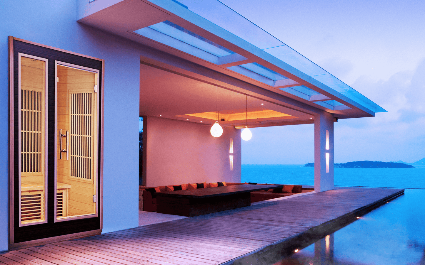 Radiant infrared sauna in a modern setting with swimming pool.