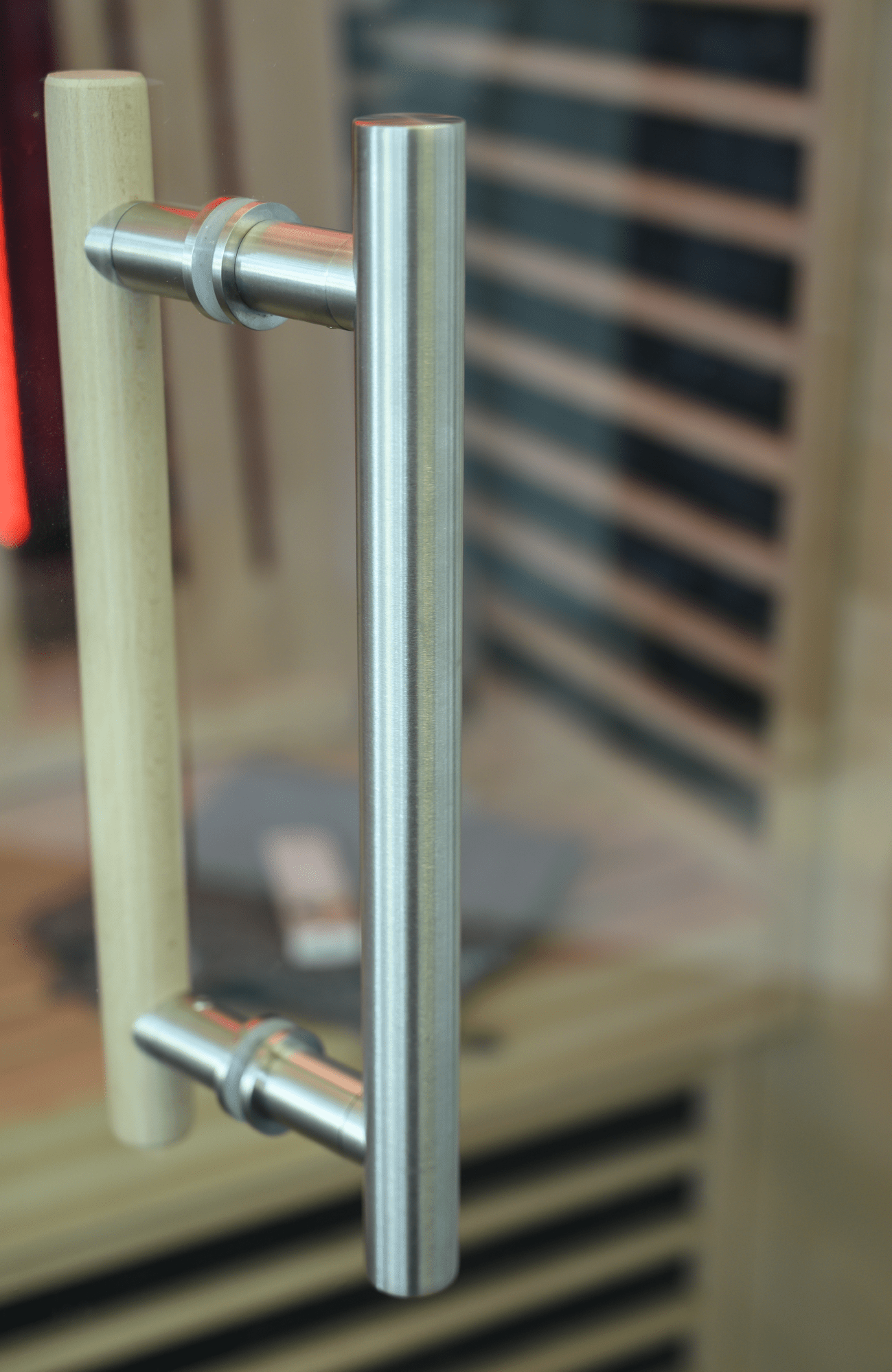 Spectrum infrared sauna, metal handle detail.