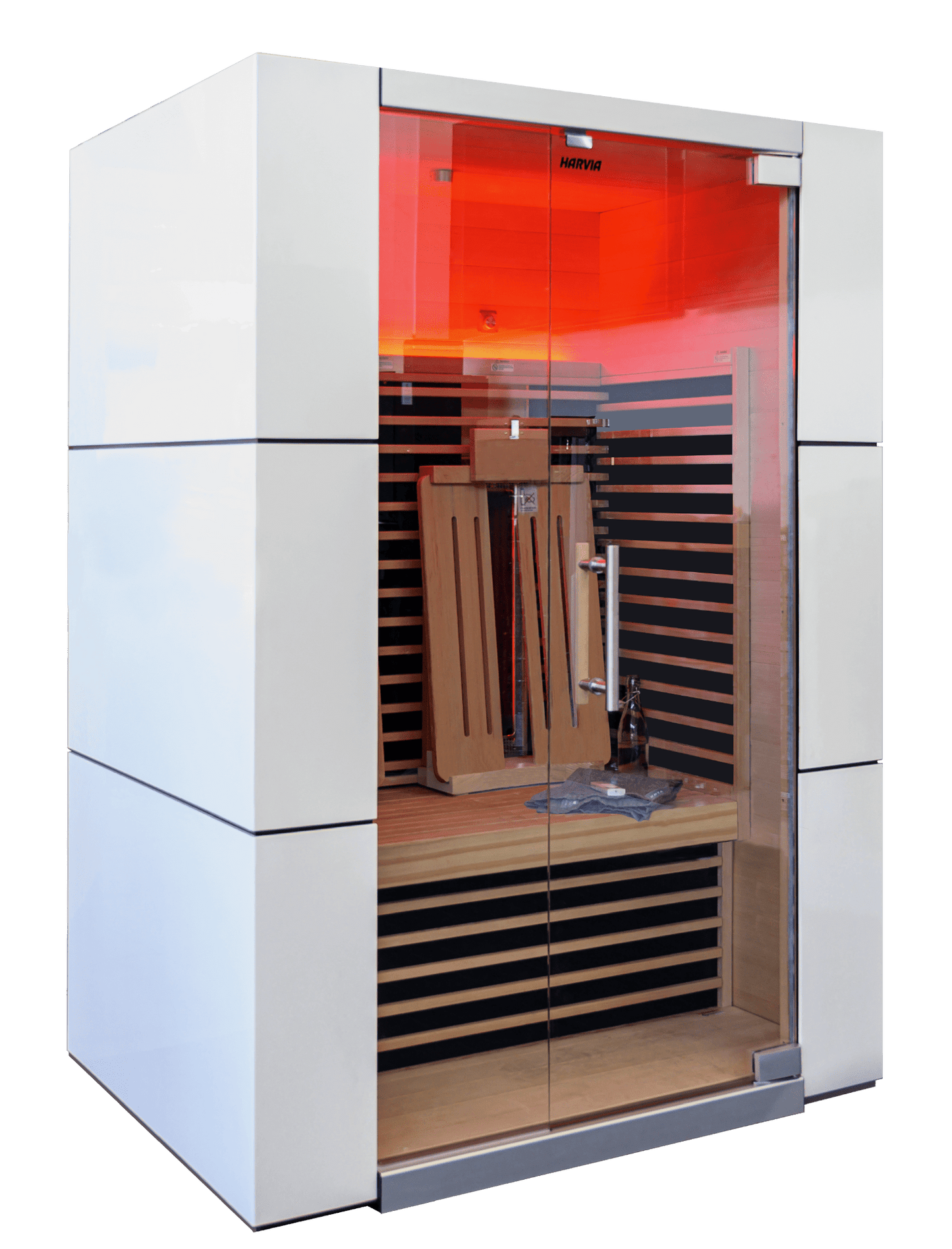 Spectrum infrared sauna with glass door and elegant interior.