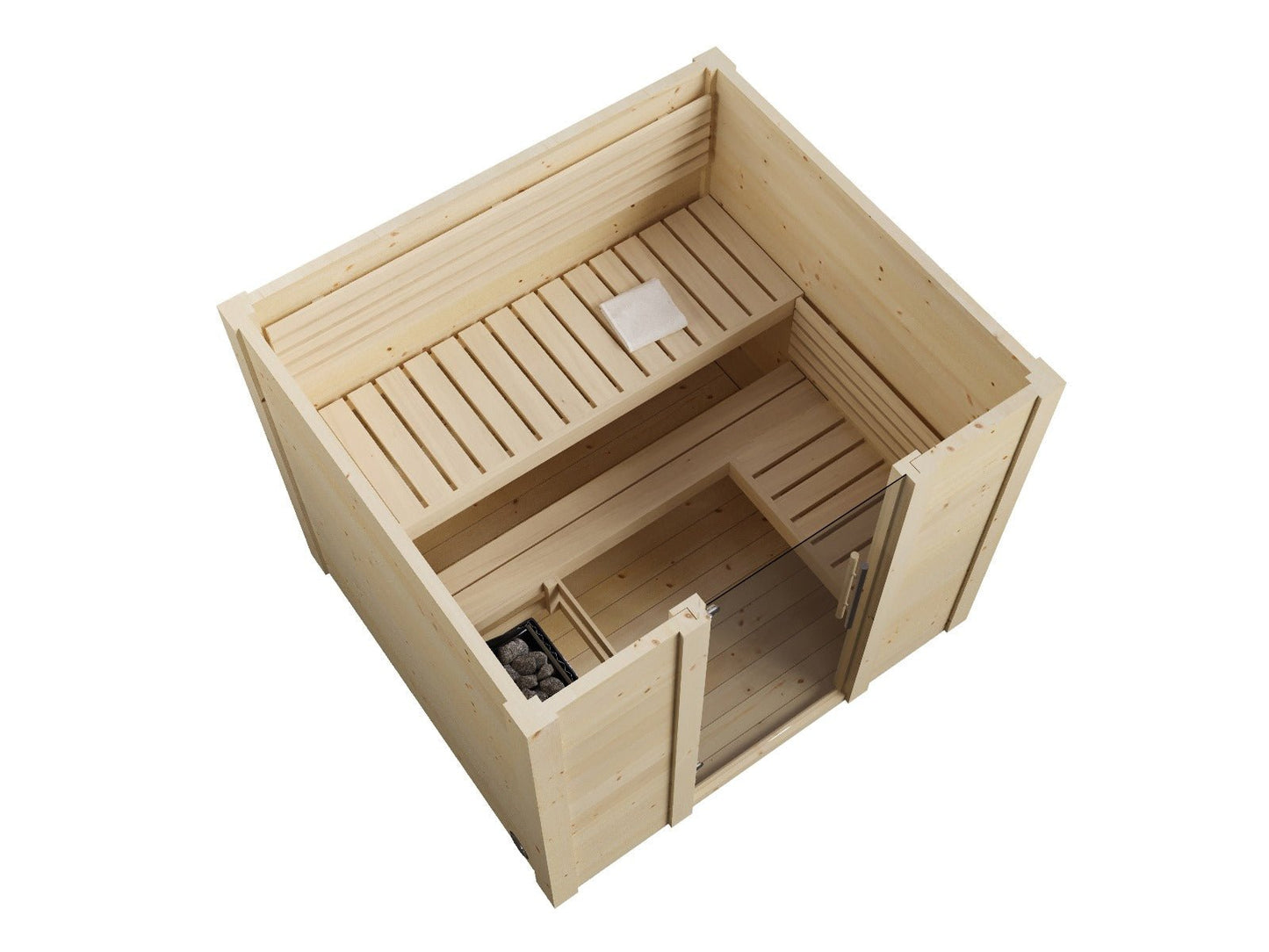 Sauna Exterior Box com portas de vidro e design nórdico.