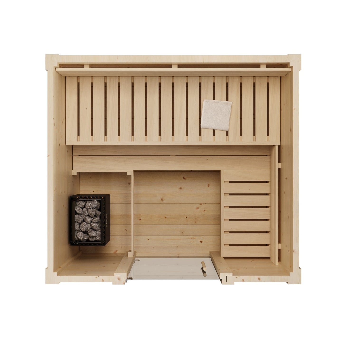 Sauna Exterior Box em madeira com cesto preto.