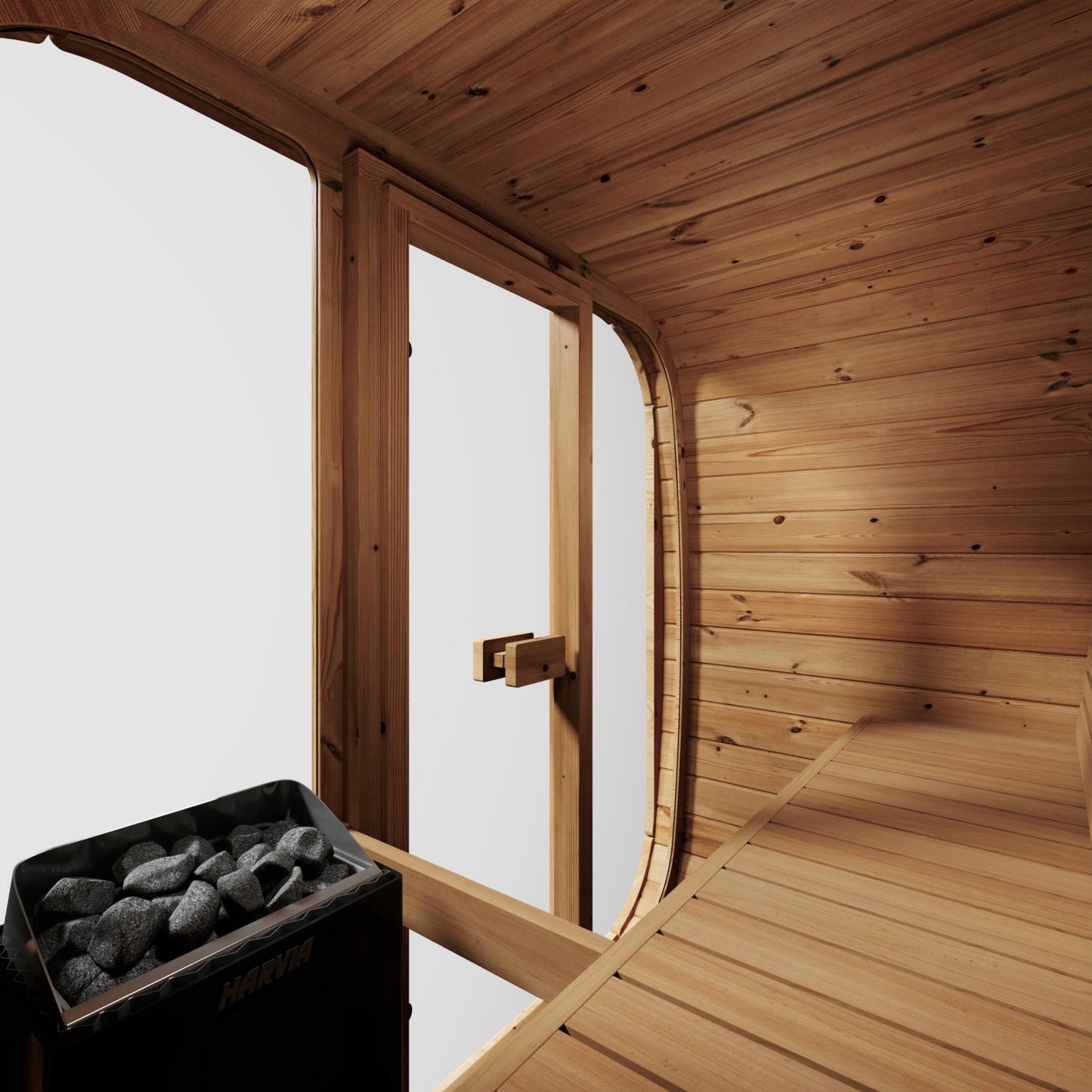 Cube 125 outdoor sauna with wood and stone interior.