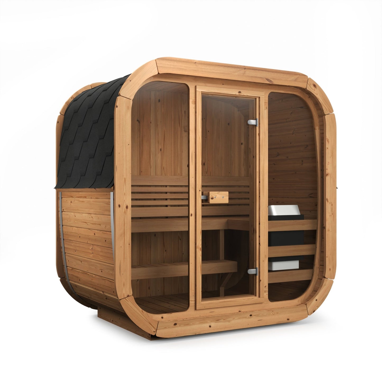 Cube 125 outdoor sauna with glass doors.