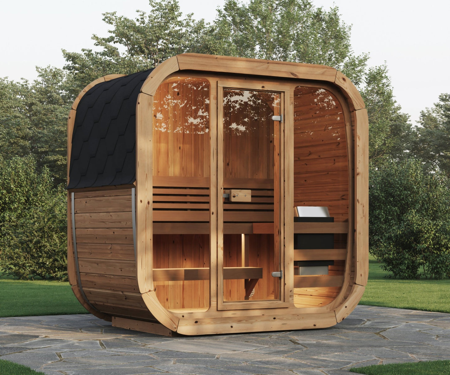 Cube 125 outdoor sauna with glass door and wooden structure.
