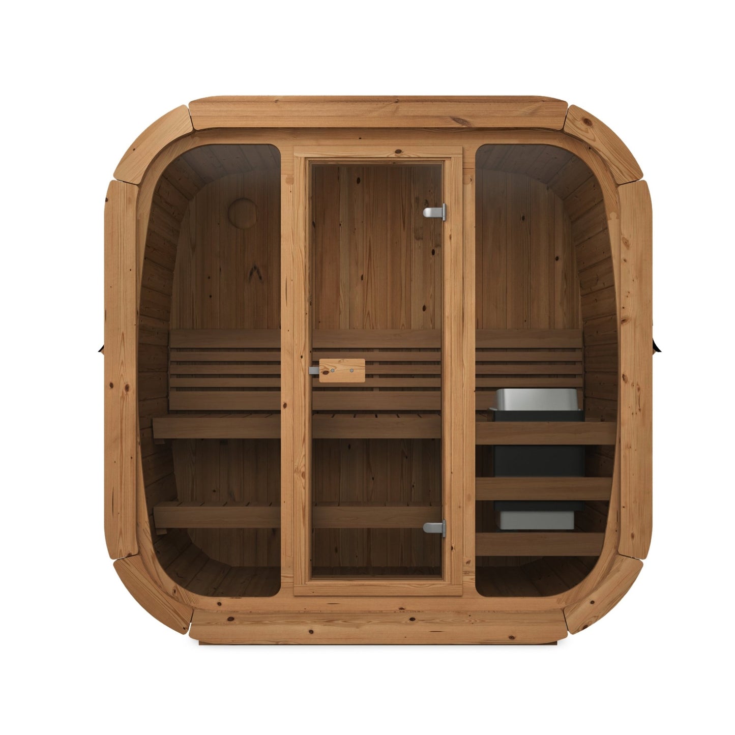 Cube 125 outdoor sauna with open glass doors.