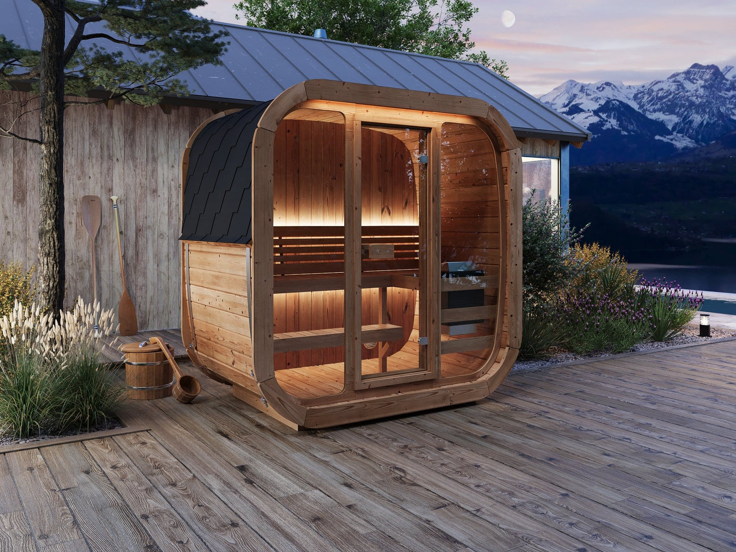 Cube 125 outdoor sauna on wooden deck.